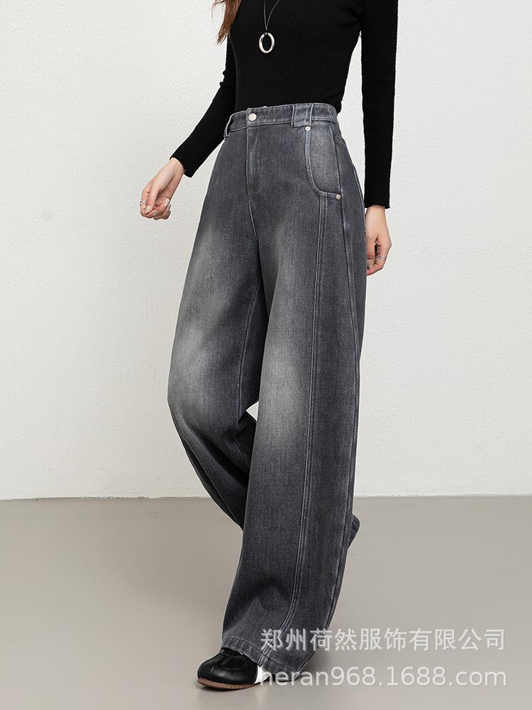 Women's High-Waisted Wide-Leg Cropped Velvet-Lined Denim Pants - Winter Thickened Slim Casual Style