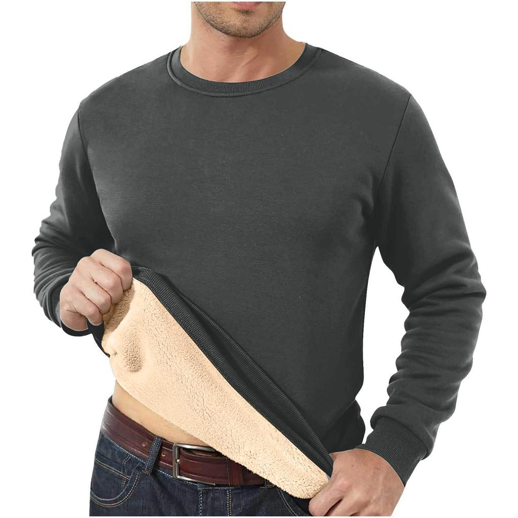 Men's Fleece-Lined Crew Neck Sweatshirt - Loose Fit, Solid Color, Warm Autumn/Winter Wear.