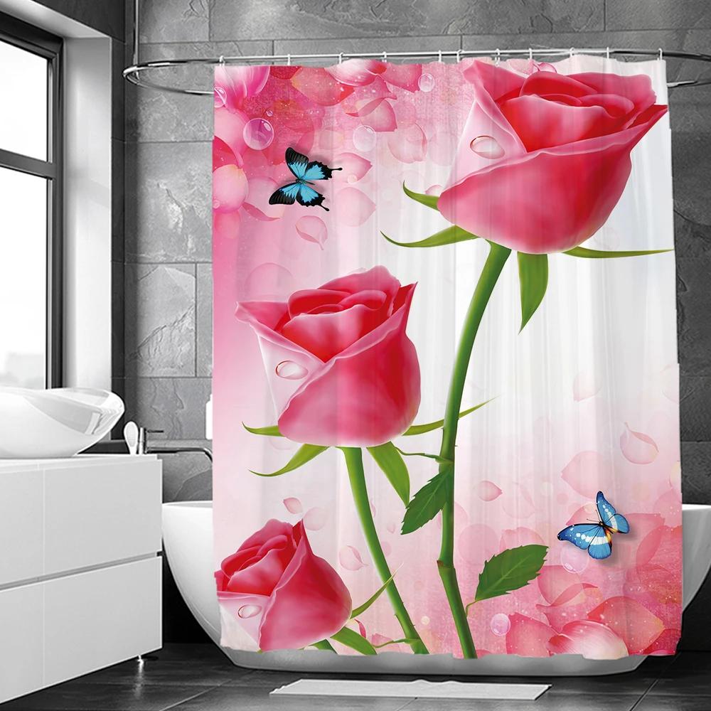 Pink Roses Flower Butterfly Shower Curtain With Hooks Waterproof Polyester Fabric Print Bath Curtain Bathroom Accessorie Decor