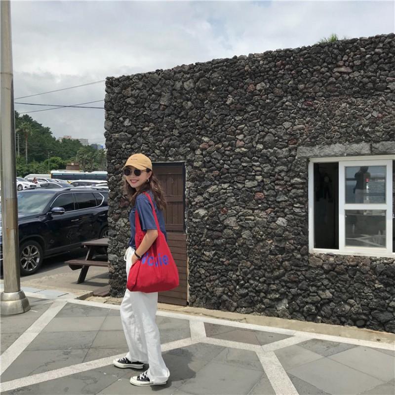 Korean Version Ins Same Model Red Canvas Bag Casual Letter Printed Shoulder Large Capacity Student Schoolbag