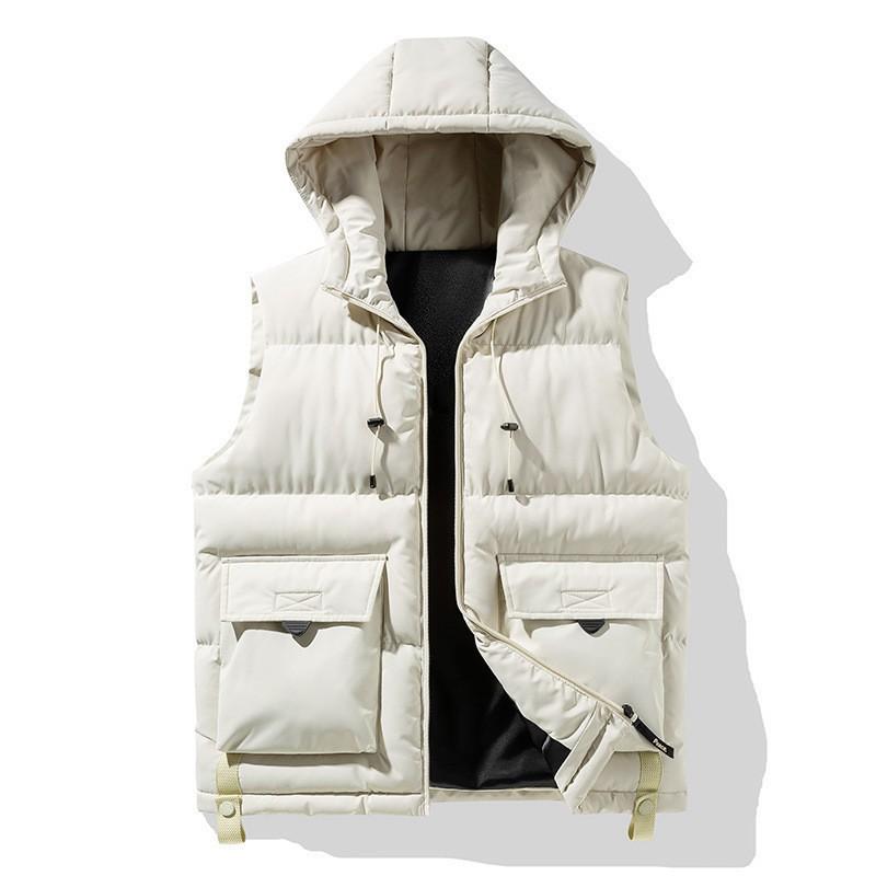 Men's Winter Trend Wear Loose Thick Down Cotton Clip Multi-pocket Solid Color Casual Hooded Vest Coat