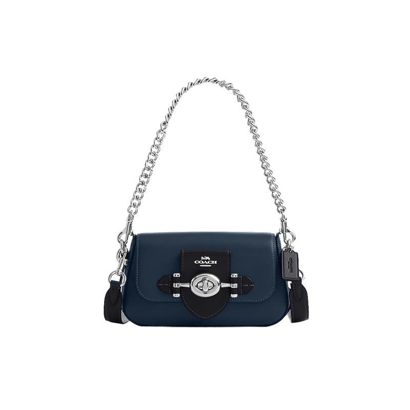 

COACH Brie Shoulder Bag 22 Simple Logo Turn Buckle Closure Flap Purlin Calfskin Hand Shoulder Bag Small Women s Blue синій