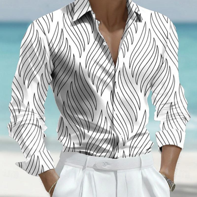 

Men Mint Green Geometric Wave Print Long Sleeve Shirt Casual Beach Button Down Shirt M белый