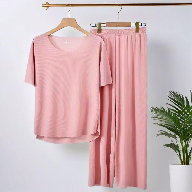 Couple's Ice Silk Pajamas Set: Men's Thin Sleep Pants & Women's Ribbed Short Sleeve Top for Spring/Summer.
