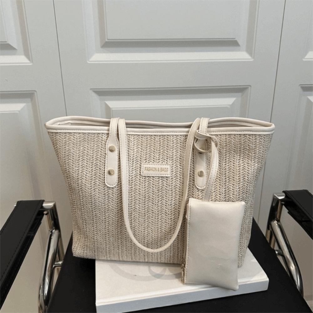 PU Weave Tote Bag Solid Color Beach Straw Handbag Simple Straw Shoulder Bag  Women