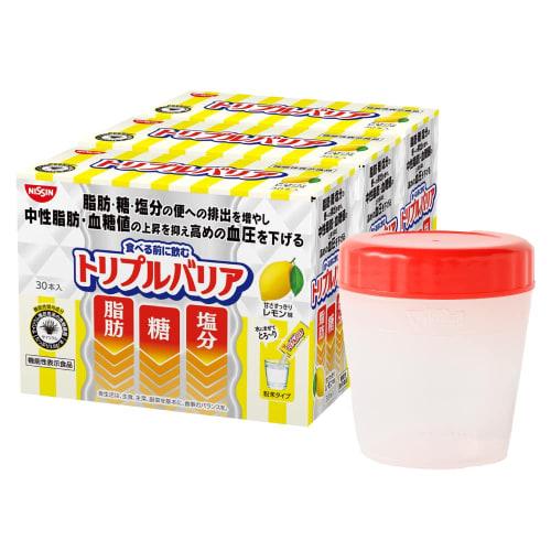 Nissin Foods Triple Barrier Psyllium Powder with Shaker, Refreshingly Sweet Lemon Flavor, 3-Box Set (30 Sticks Per Box), Fat, Sugar, Salt, Triglycerid