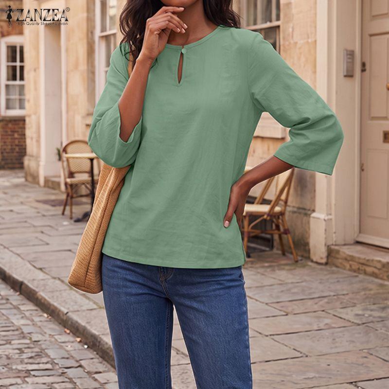 ZANZEA Blusa da donna a maniche 3/4 a girocollo in cotone ampio a tinta unita
