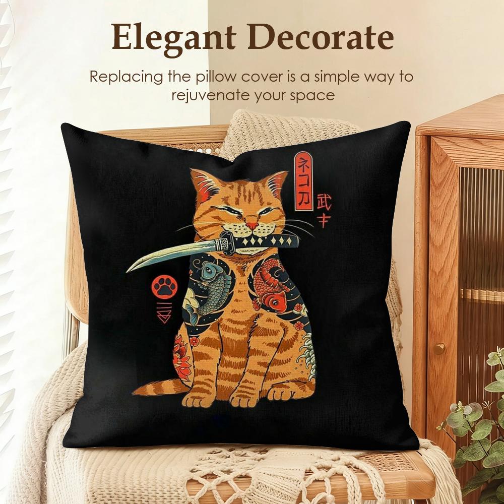 Japanese Style Cat Cushion Cover Natural Linen Organic Fabric DoubleSided Printing Sofa Home Decor Gift Pillow Case