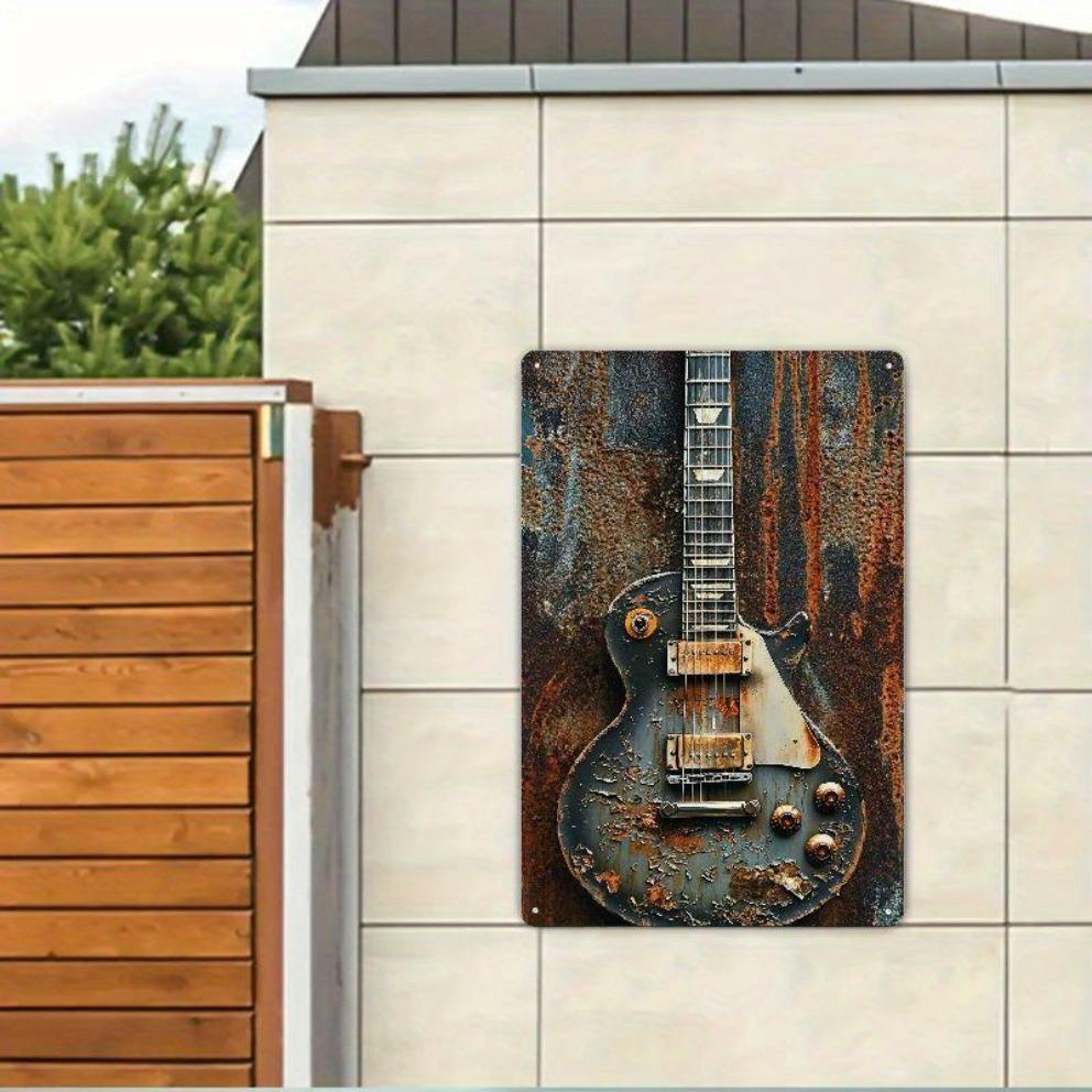 Dwuwymiarowy Vintage Metalowy Znak Ścienny z Elektryczną Gitarą - 12x8 Calowy Rustykalny Blaszany Wystrój do Pokoju Muzycznego, Baru, Garażu lub Jaskini Mężczyzny