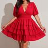 Vestido de tarta corto de color liso, manga corta, cuello en V sexy para mujer de talla grande