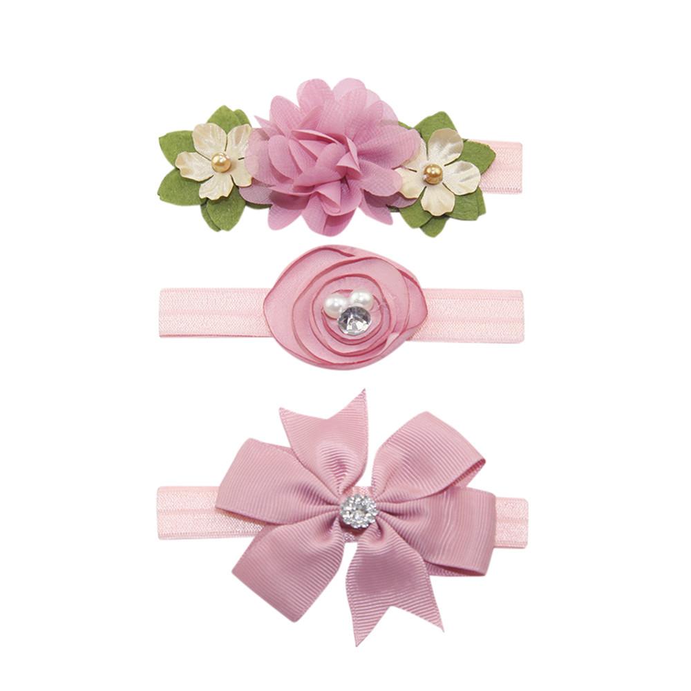 3Pcs Kids Elastic Floral Headband Pearl Hair Girls Baby Bowknot Hairband Set