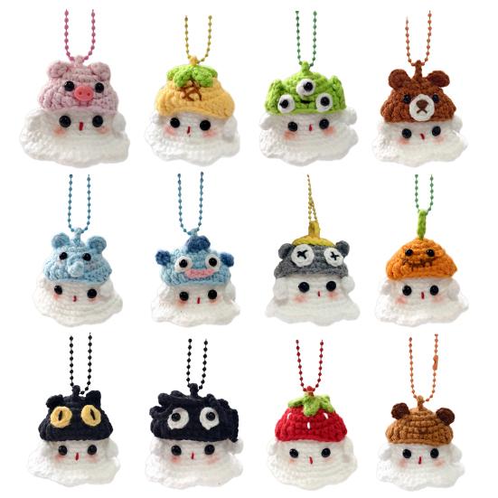 Halloween Crochet Ghost Ornament Cute Handmade Knitted Frog/Cat/Spider/Strawberry Ghost Hanging Decoration for Car Rearview Mirror Bag Charm