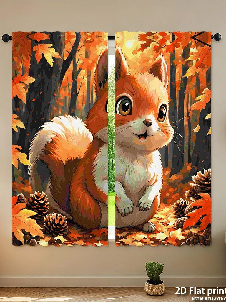 Piece Set High Definition Digital Printed Curtainsautumncolorfulsquirrelwithmapleleavespineconesforeststylehome Decoration Curtain Polyester Washable