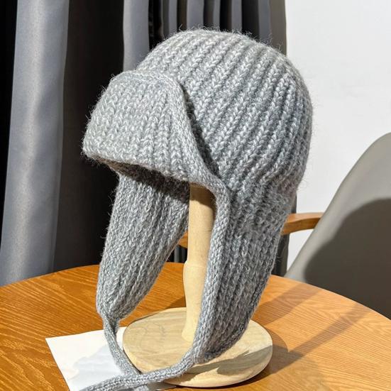 Women Knitting Hat Lace-up Solid Color Ear Protection Winter Elastic Hat Cold Weather Windproof Lei Feng Hat