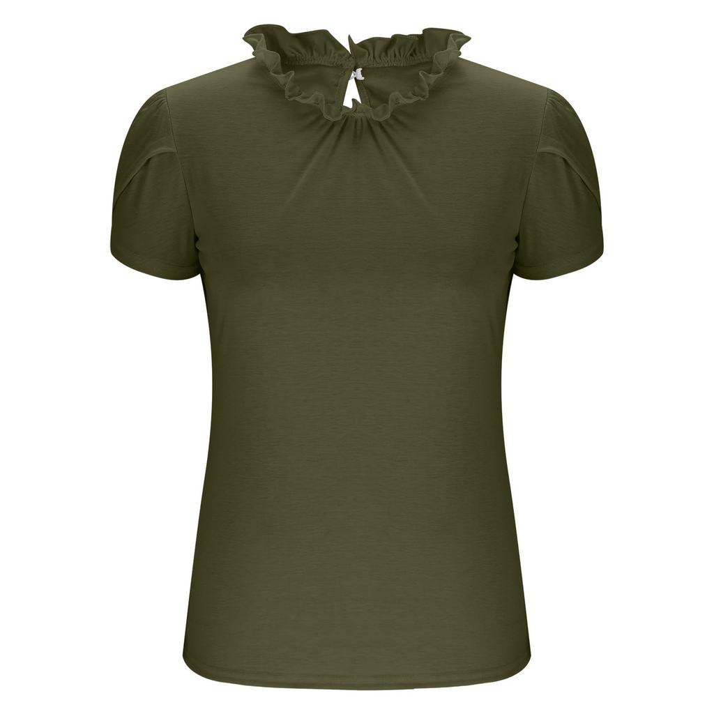 Damen Mode Einfarbig Knopf Rundhals Kurzarm Plissierte Bluse Leichtes Lässiges Oberteil für den Alltag
