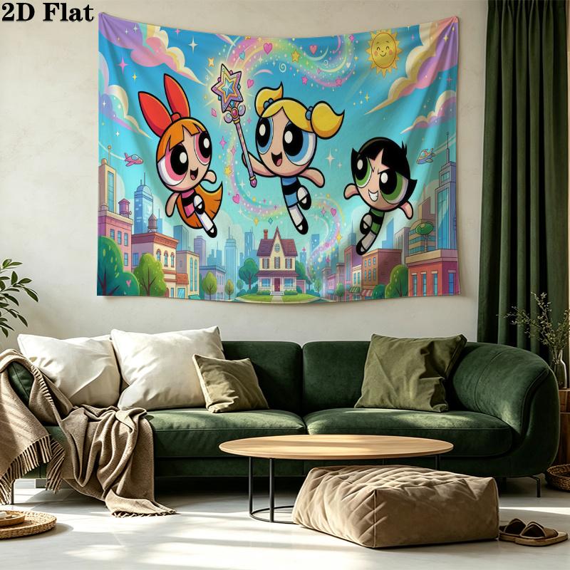 Powerpuff Girls Wall Tapestry Aesthetic Wall Hanging Printed Fabric Blanket Decorative Tapestries for Bedroom Living Room Home Decor