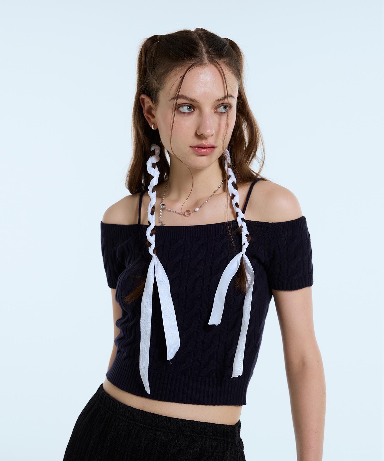 Latizen L11 Cable Off Shoulder Knit(Navy) Cream/Free