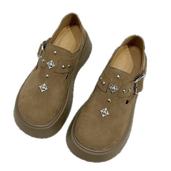 [Youshilai] Retro Versatile One-pedal Single Shoes Women's Spring 2025 New Metal Buckle Casual Loafers