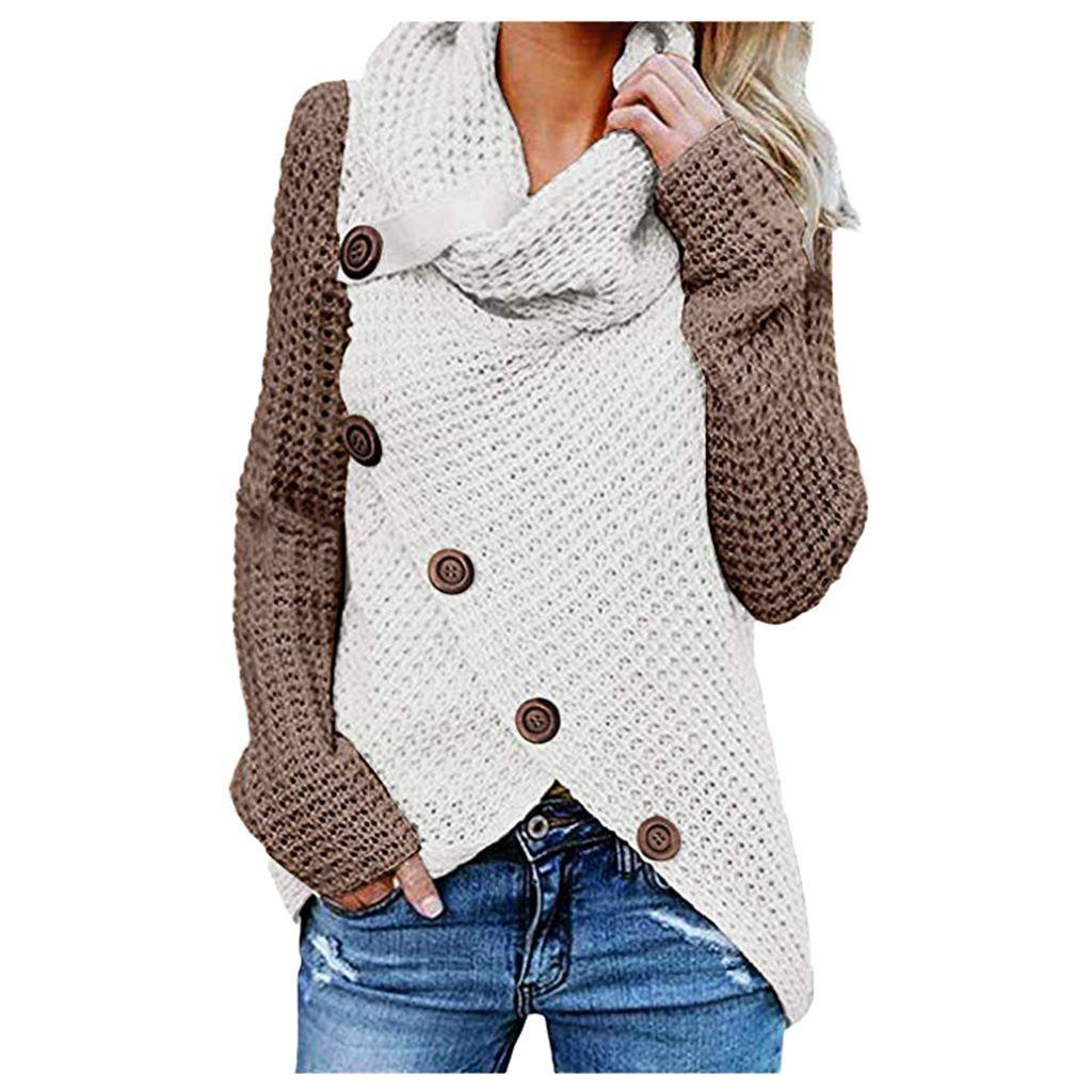 

Women Cowl Winter Neck Knitted Sweater Jumper Ladies Button Pullover Tops Blouse White+Khaki,L