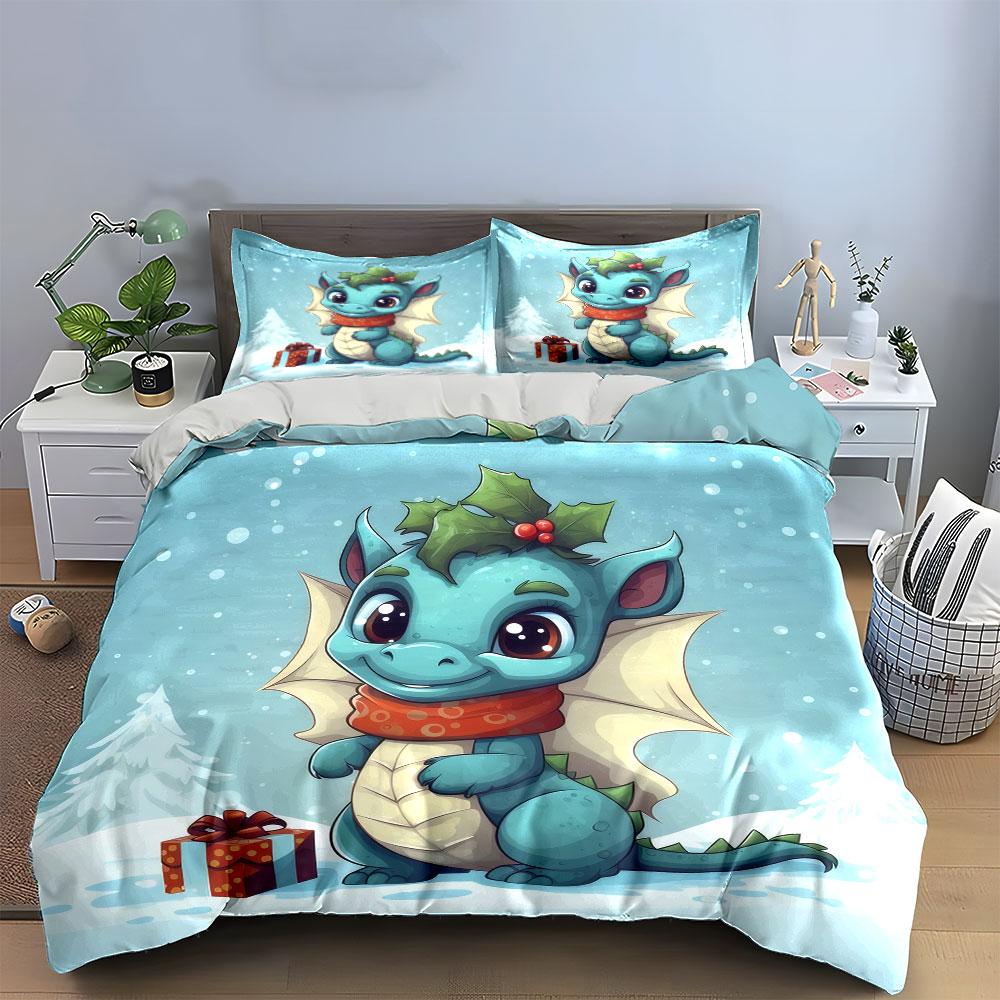 Cute Dragon with Gift Design Bedding Duvet Cover Set  (1*Duvet Cover 2*Pillowcases, without duvet insert)