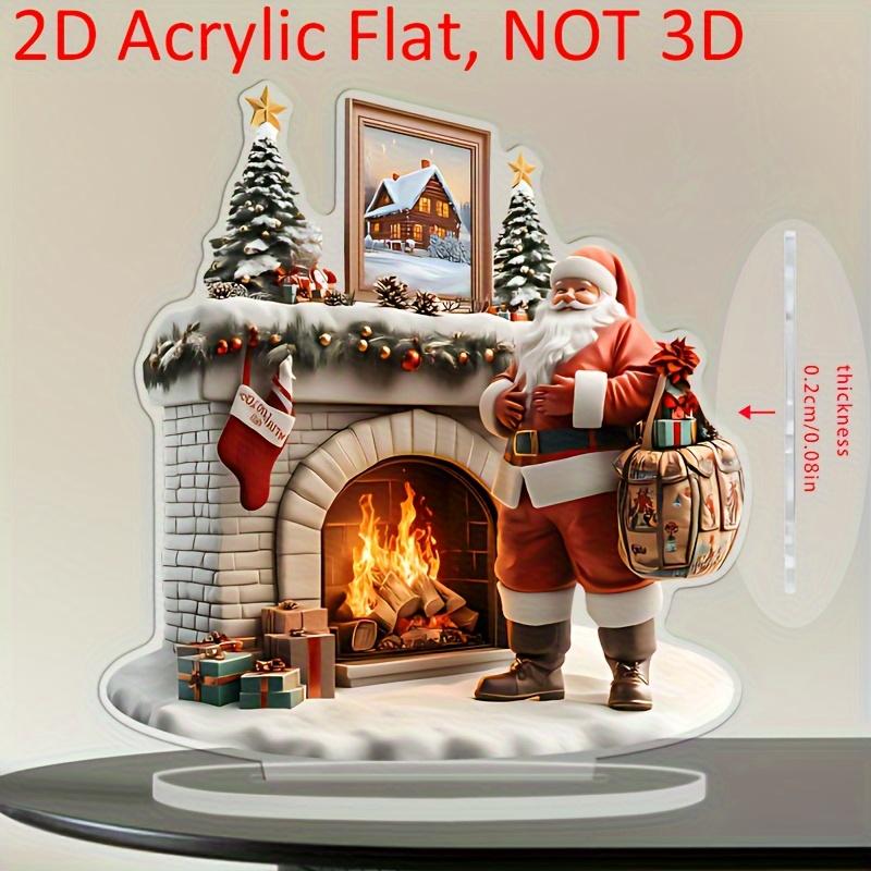 2D Flat Acrylic Christmas Desk Deco with Base Santa Claus Fireplace Scene with Gift Design Indoor/Outdoor Home Office Decoration