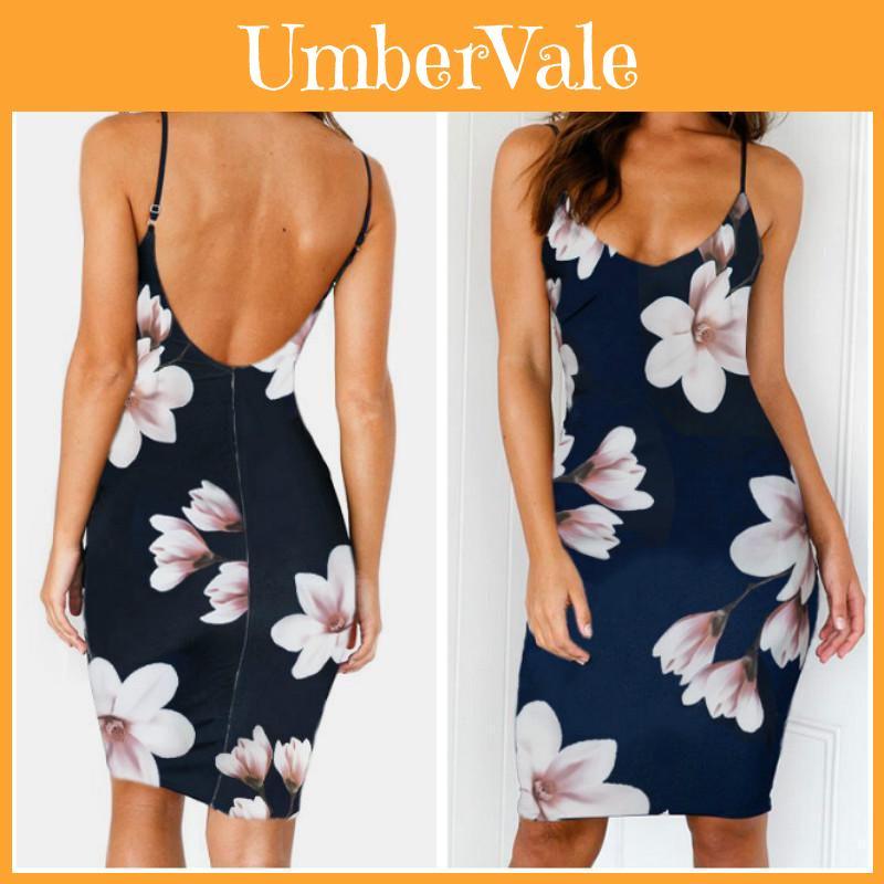 Abito estivo alla moda con stampa floreale premium per donna, sexy, senza schiena, aderente, slip dress