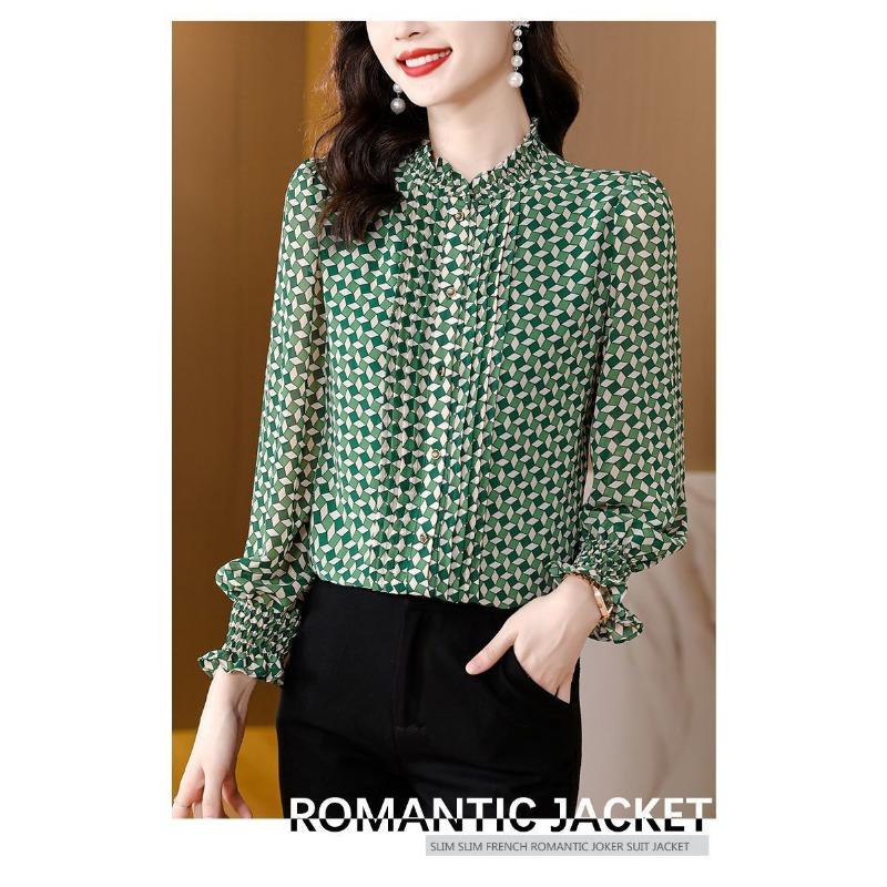 Chiffonblus Dam Långärmad Ny Höstmode Tryckt Ståkrage Temperament Mångsidig Chiffonblus Topp