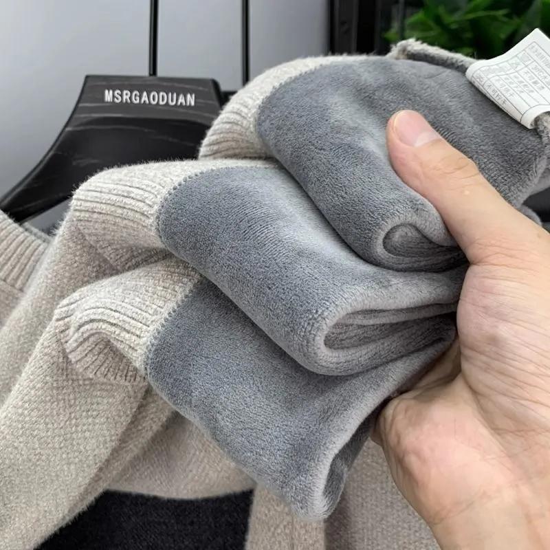 Men's Sweatercoat Autumn Winter O-Neck Knit Letter Plush Fleece Lined Warm Wool Pullover Sweater Men Bottoming Pullovers Jumper