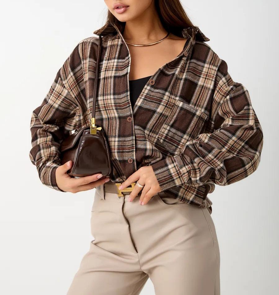 Women s Long Sleeve Shirt Retro Versatile Plaid Pocket Casual Shirt S