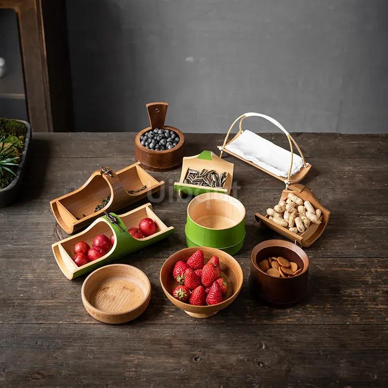 Assiette à collation sushi Bambou et vaisselle en bois Assiette en bois naturel Assiette à collation créative Plateau à thé Plateau à fruits secs Coupe à fruits