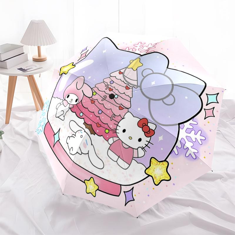1pc Hello Kitty Christmas Snow Globe with Pink Tree - Automatic Opening Umbrella, Portable Design, Iron Frame, Outdoor Use, Holiday Gift for Fans, Tra
