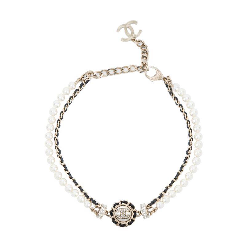 CHANEL Lambskin Pearl Sheepskin Chain Rhinestone Decorated Double Layer Metal Necklace Women's