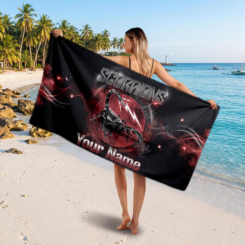 Scorpions Customized Name Text Beach Towel, Soft Absorbent Towel Beach Pool Travel Personal Gift
