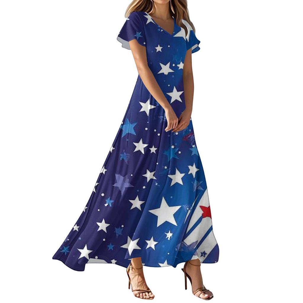 Women's Casual Fashion Print Long Dresses V-Neck Short Sleeve Dresses