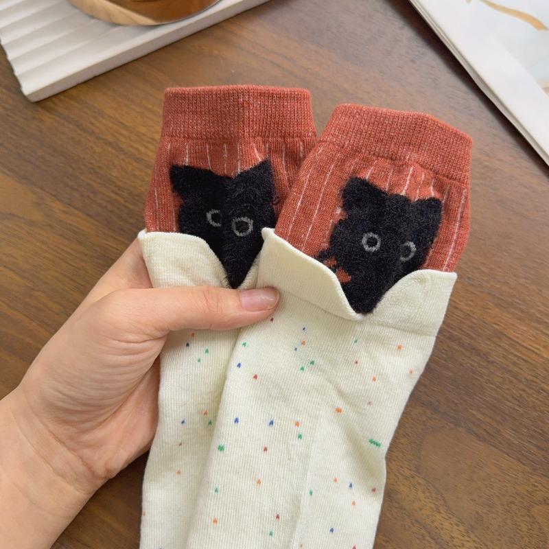 2026 Korean Cute Cartoon Kitten Mid-tube Socks Women's Autumn Winter Warm Stacking Socks Kawaii Cat Print Cotton Soft Long Sock