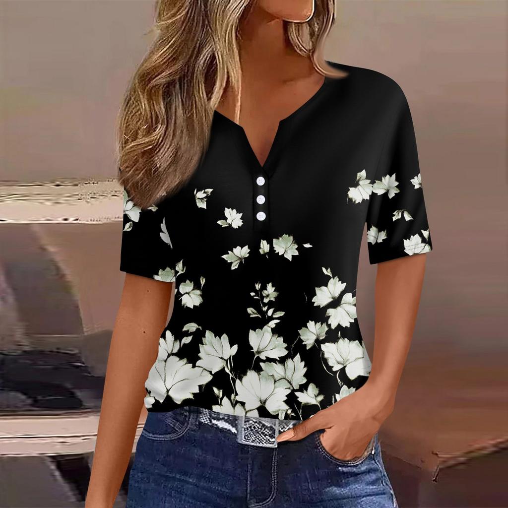 Women's T Shirt Tee Print Button Short Sleeve Tunic Daily Weekend Fashion Basic V- Neck Regular Top
