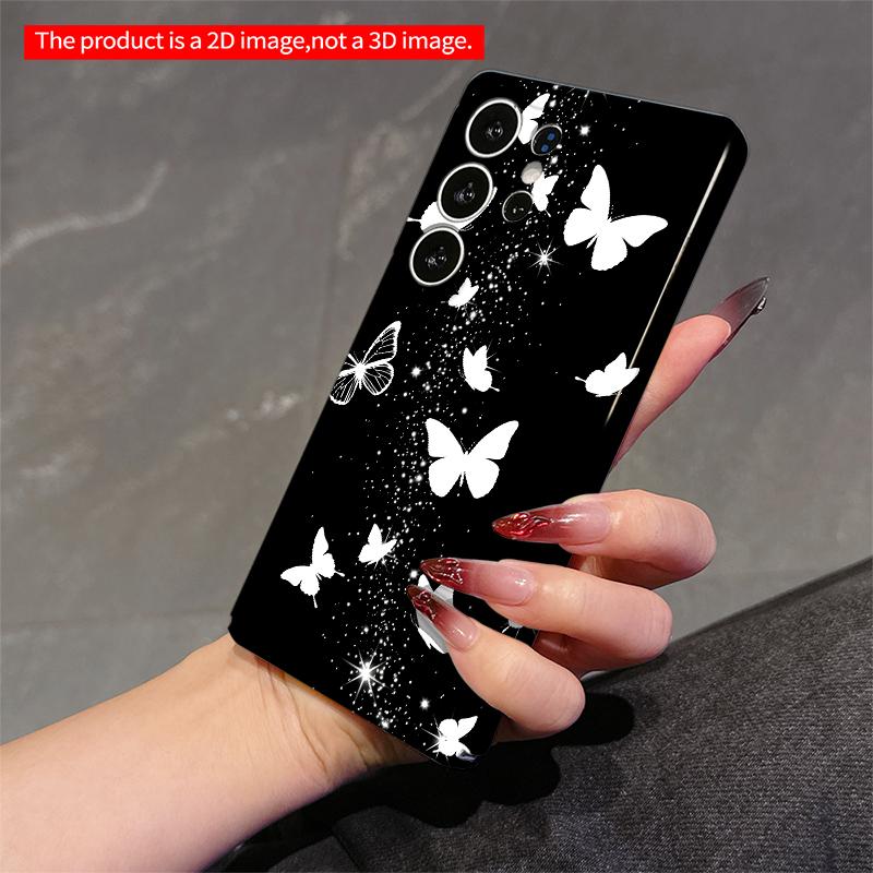 2DFlat Samsung Phone Case White Butterflies and Sparkles On Black Background Applicable To Galaxy S22 S23 S24 S25ULTRA S26 A12 A13 A14 A15 A16