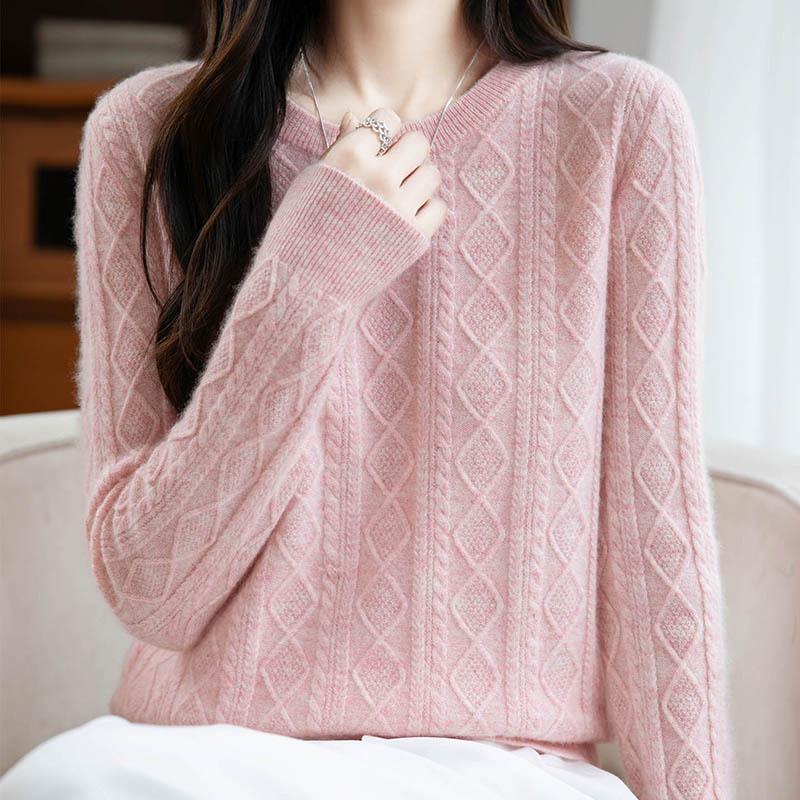 2025 Women's Retro Loose Diamond Pattern Australian Wool Sweater - 100% Wool, Round Neck, Thickened, for Autumn/Winter