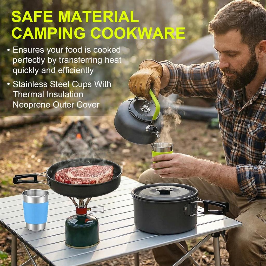 Camping Cookware Set 11pcs Mess Kit, Aluminum Non-Stick Pot and Pan Set, Backpacking Cookware