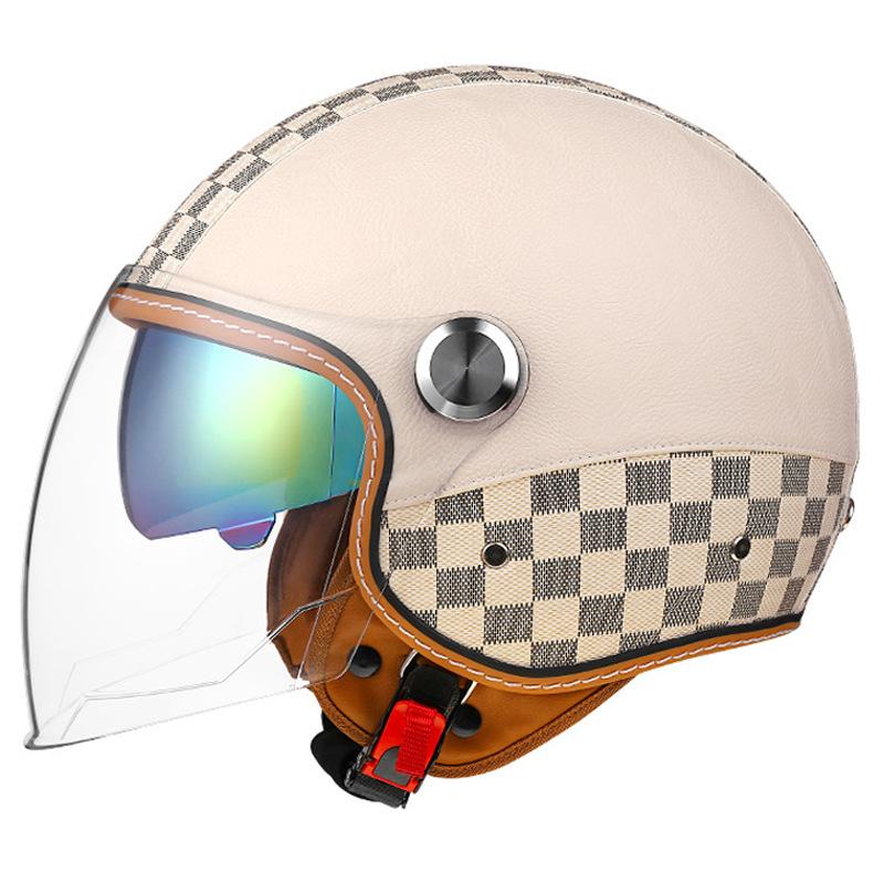 Double Striation Double Visor Leather Jet Helmets Daul Lens DOT Retro Open Face Motorcycle Helmets Double Visor Racing Helmet