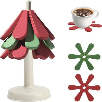 Silicone Coasters for Hot Dishes, Foldable Christmas Tree Shape Table Mat Set of 3 for Hot Pots and Pans, Heat Resistant Pads