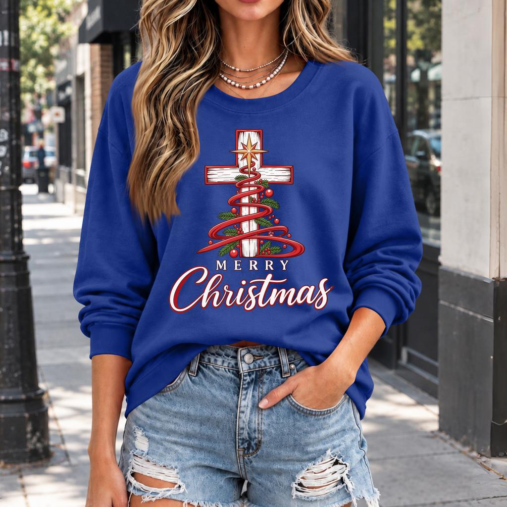 Women's Casual Christmas Print Crewneck Sweatshirt Pullover for Holiday Party Outfit