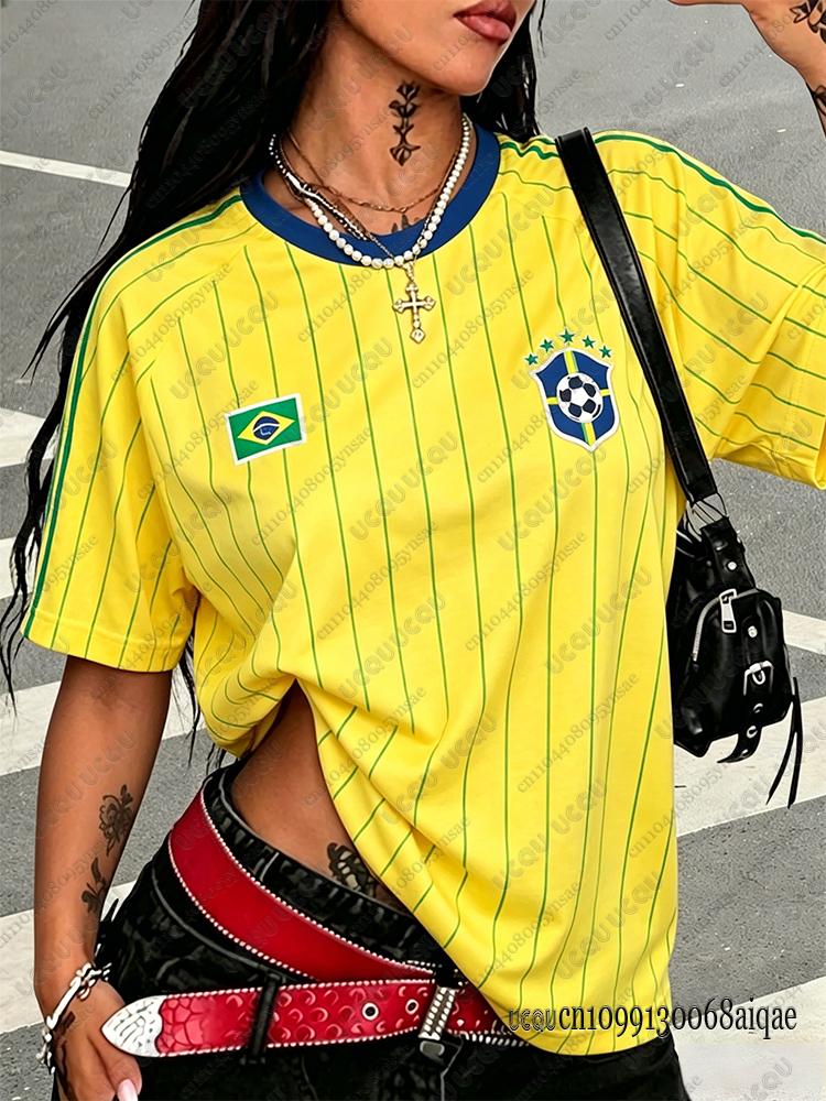 2026 Lato Nowa Brazylia Nr 10 Koszulka z Nadrukiem Dla Kobiet Okrągły Dekolt Patchwork Krótki Rękaw Oversize Sportowa Koszulka Piłkarska Y2K Luźny Top