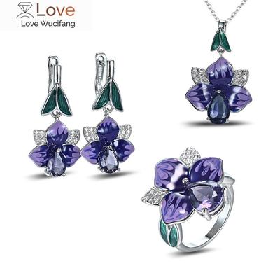 Conjuntos de joyas de compromiso de boda de marca para mujeres, conjunto de joyas de fiesta de cóctel bohemio con esmalte de flor morada y circonita cúbica grande