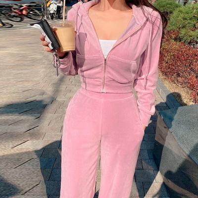 Women Casual Velvet Sports Set Autumn Winter Elegant Zipper Solid Hoodie Loose High Waist Wide Leg Pants Two-piece Sets