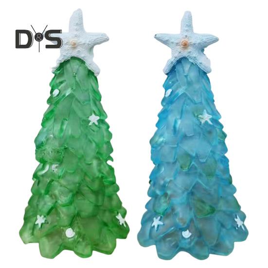 12/15/20CM Seaglass Christmas Tree Decoration Blue Green Sea Glass Starfish Shell Ocean-themed Xmas Tree Figurine Holiday Resin Tree Desktop Ornament