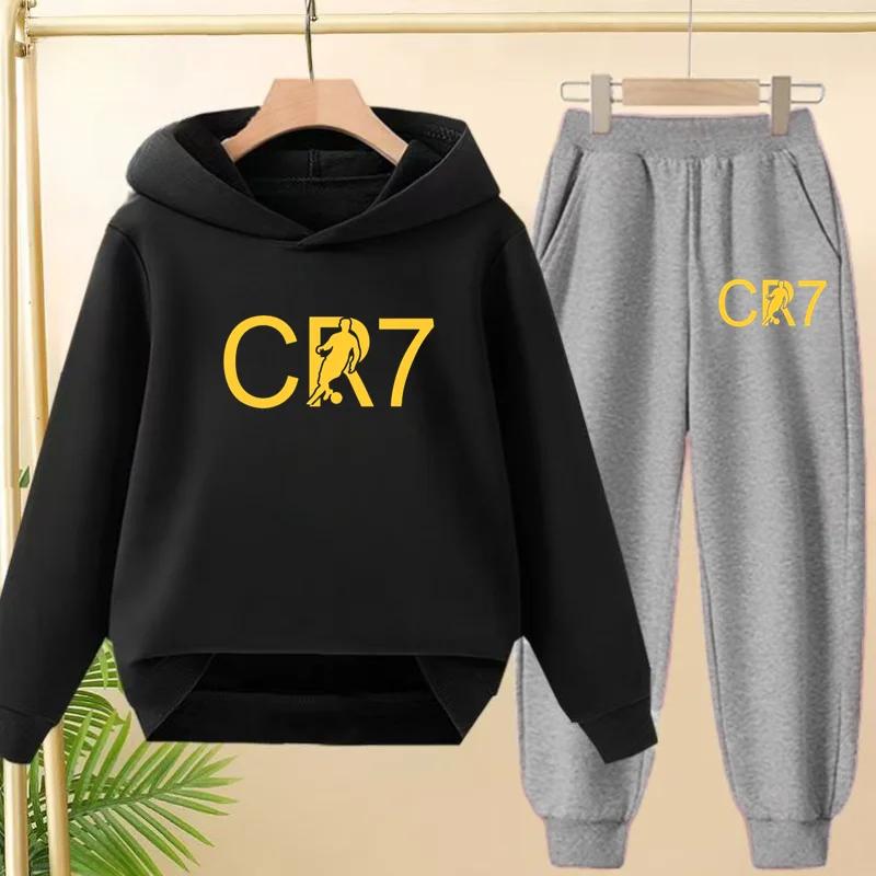 Kinder Gelb CR7 Fußball Idol Aufdruck Hoodie Set Jungen Mädchen Sport Jogging Freizeit Sweatshirt Oberteil mit Hose 2-teiliges Kleinkind Outfit