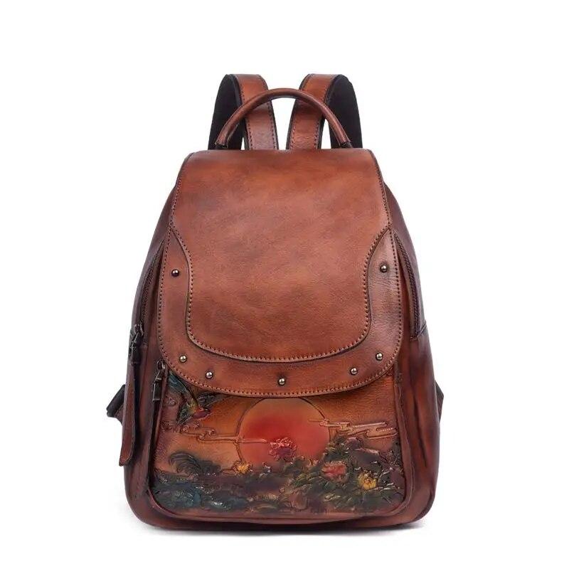 Vintage Embossed Large Capacity Women Backpack Genuine Leather Bag 2024 New Leisure Nature Soft Cowhide Travel Bags