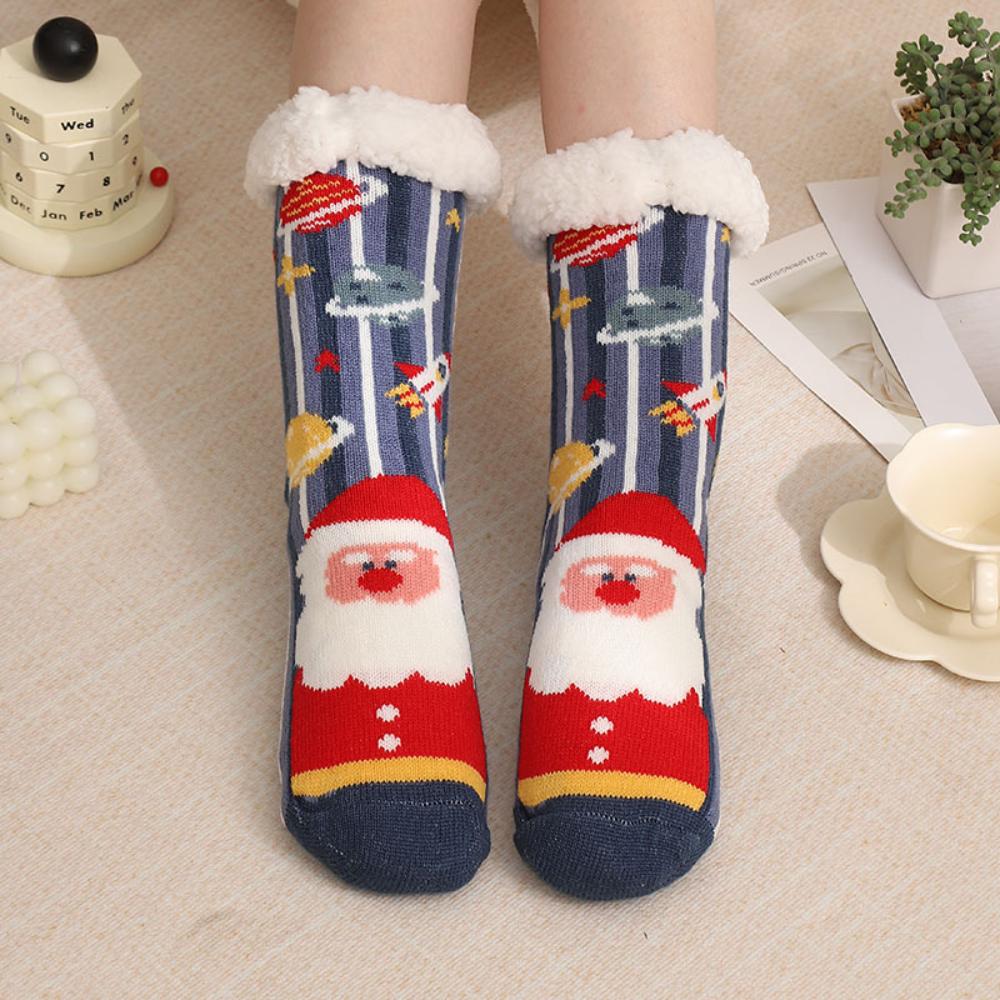Winter Christmas Themed Women Lamb Fleece Floor Socks, Adult Non-Slip Indoor Snow Socks for Home Carpet