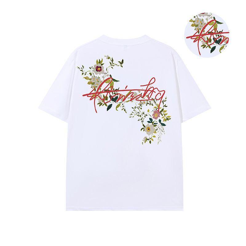 American Street Style Floral Wreath Embroidered Short Sleeve T-Shirt for Men and Women Summer Loose Heavyweight Loose Trendy Brand Half Sleeve